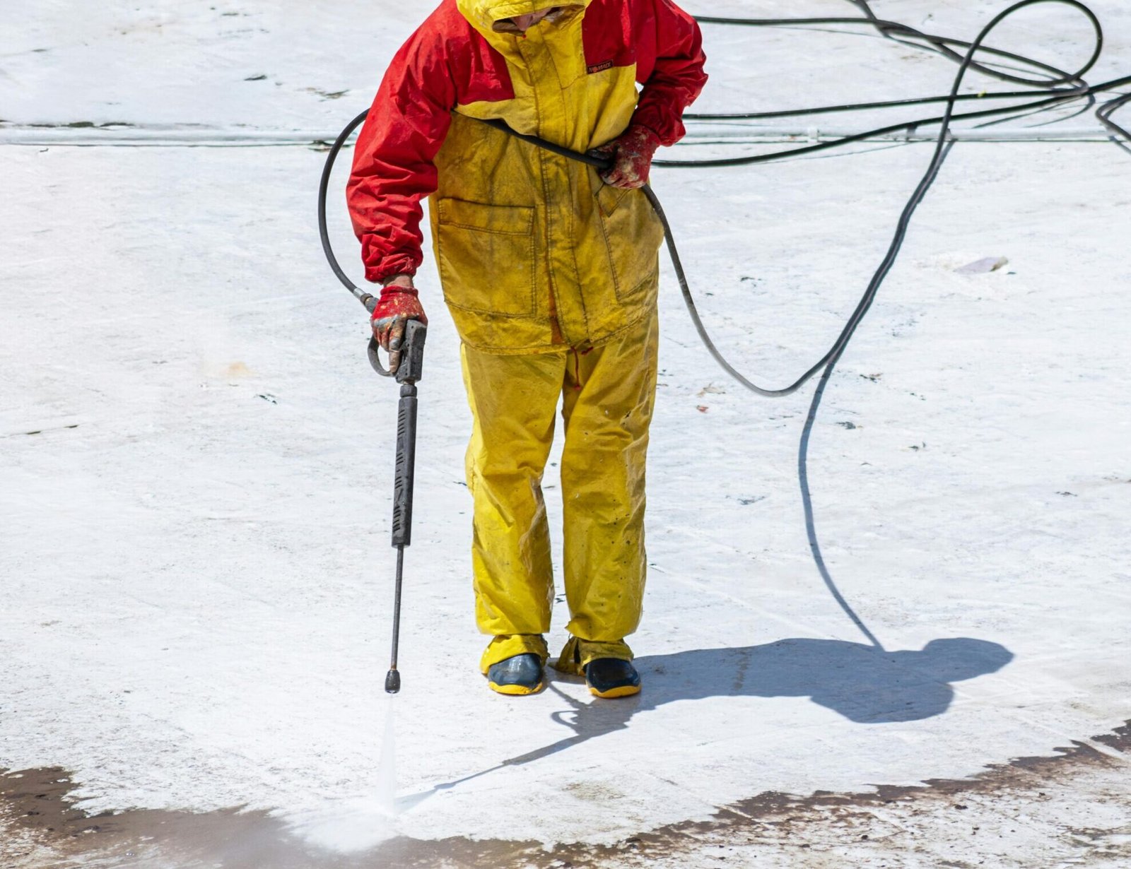 Person in yellow and red safety suit cleaning with a pressure washer outdoors.